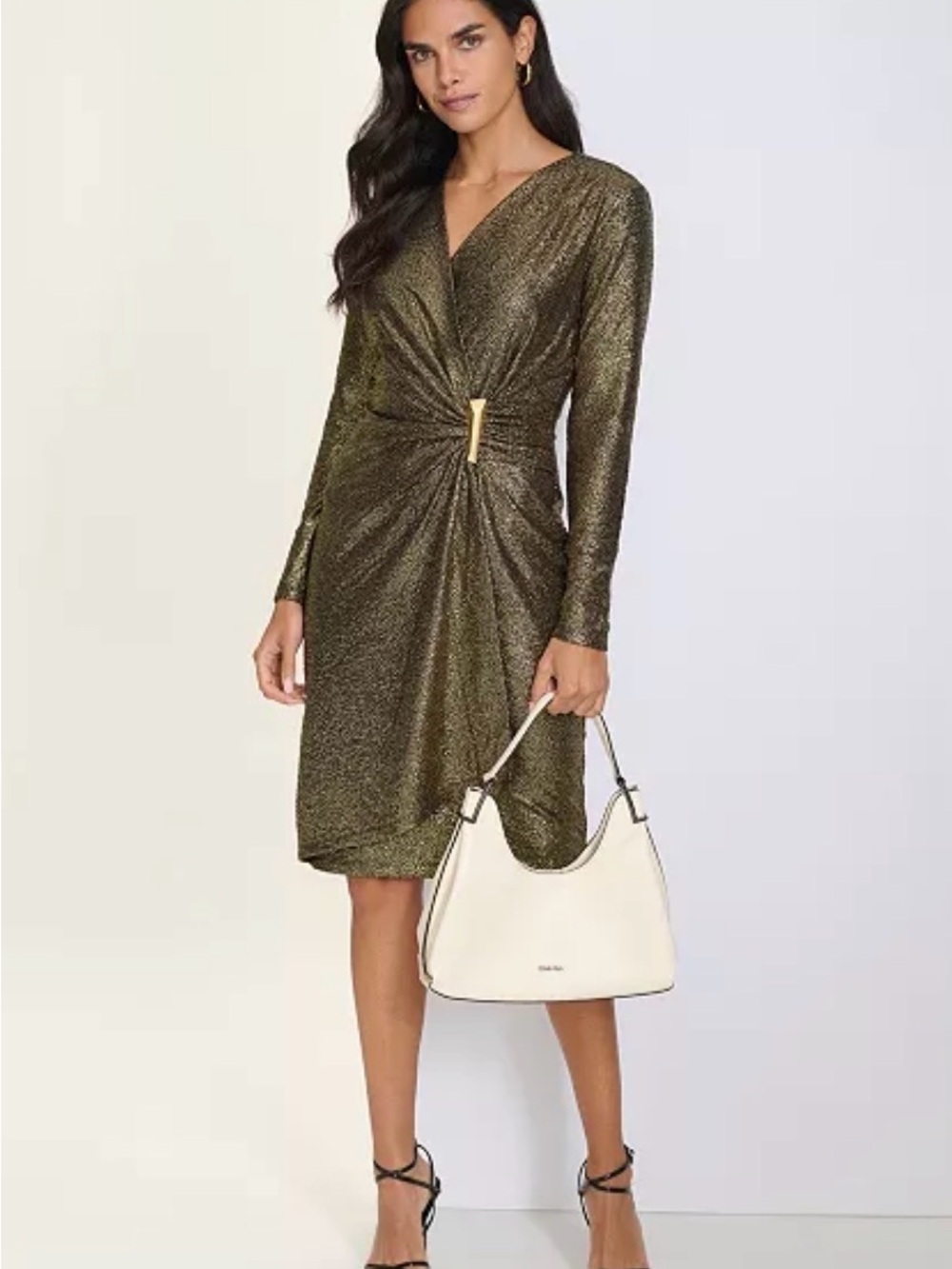 Calvin Klein Metallic Black/Gold Twist-Front Long-Sleeve Dress